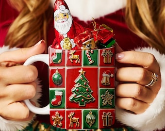 3D Inflated Christmas Coffee Mug Wrap, Red Puffy Xmas PNG for 11oz 15oz, Festive Sublimation Design, Holiday Gift for Coffee Lovers