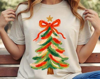 Preppy Christmas Tree PNG | Messy Hand Drawn Red Doodle Art | Coquette Bow Faux Glitter Gold Brush Stroke Holiday Ornament Clipart