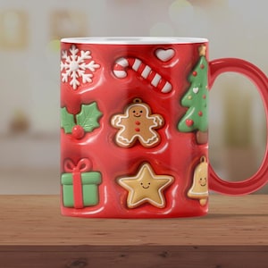 3D aufgeblasene rote Weihnachtsbecherverpackung PNG, geschwollenes Weihnachtssublimationsdesign 11 Unzen 15 Unzen, Kaffeeliebhabergeschenk, Weihnachtsstimmung, digitaler Download