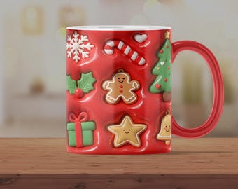 3D Inflated Red Christmas Mug Wrap PNG, Puffy Xmas Sublimation Design 11oz 15oz, Coffee Lover Gift, Christmas Vibes,  Digital Download