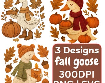 Cozy Fall Goose Embroidery Clipart Pack | Autumn Goose PNG Designs | Cute Pumpkin Goose SVG PNG, Pie & Candle Goose | 3 Bundle Svg Png