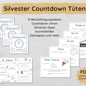 Può includere: Un set di attività di countdown per la vigilia di Capodanno stampabili per bambini. Il set include un orologio di countdown, una capsula del tempo, un'attività di serata al cinema e molto altro. Le attività sono in bianco e nero e sono pronte per essere stampate e colorate.