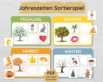Seasons board sorting game for children to print out, picture card placement game kindergarten & preschool learning game