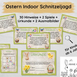 Set di caccia al tesoro di Pasqua al chiuso per bambini con 30 indizi, certificato, giochi e disegni da colorare, caccia al tesoro da 6 anni da stampare