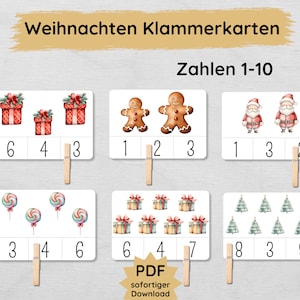Tarjetas navideñas para aprender los números del 1 al 10 para que los niños las impriman y practiquen el conteo de tarjetas de preescolar