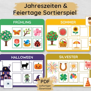 May include: An educational game titled "Jahreszeiten & Feiertage Sortierspiel" with illustrated cards. The cards are themed around spring, summer, Halloween, and New Year's Eve, featuring images of a tree, butterfly, pumpkin, and fireworks.