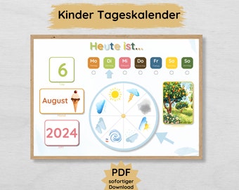Puede incluir: Un calendario diario imprimible para niños con una rueda colorida con iconos del tiempo, una pantalla de fecha y una selección del día de la semana. El calendario también incluye una imagen de un naranjo y el texto "Kinder Tageskalender" y "Heute ist..."