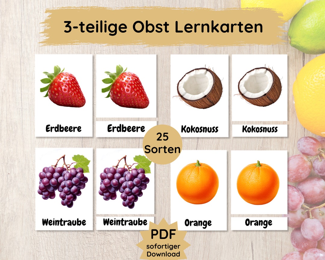 Friut Learning 25 Fruit Learning Cards for Children, Three-part Photo Picture Cards of ...