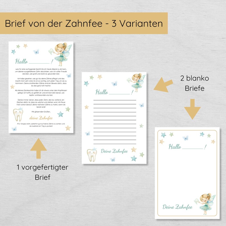 Puede incluir: Tres plantillas de cartas imprimibles para el hada de los dientes. La primera plantilla es una carta preescrita con una ilustraci&oacute;n de hada de los dientes. La segunda plantilla es una carta en blanco con una ilustraci&oacute;n de hada de los dientes. La tercera plantilla es una carta en blanco con una ilustraci&oacute;n de hada de los dientes y el texto "Hallo!" en la parte superior.