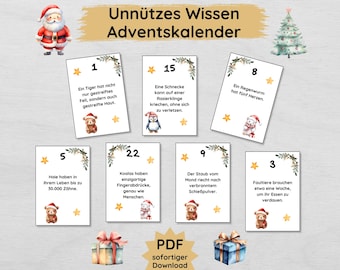 Conhecimento inútil Calendário do Advento para crianças imprimirem com 24 fatos interessantes Cartões do Advento, calendário do Advento DIY PDF