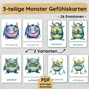 Dreiteilige Monster Gefühlskarten für Kinder zum Ausdrucken, Gefühle Bildkarten Emotionen verstehen lernen