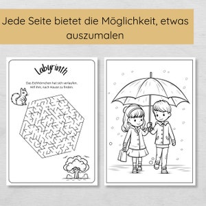 May include: A black and white coloring page featuring a maze with a squirrel at the top and a tree at the bottom. The text "Labyrinth" is at the top of the page. The text "Das Eichh&ouml;rnchen hat sich verlaufen. Hilf ihm, nach Hause zu finden." is below the maze. On the right side of the page, a black and white coloring page of two children walking under an umbrella in the rain.