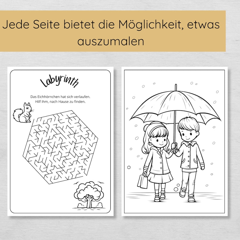 May include: A black and white coloring page featuring a maze with a squirrel at the top and a tree at the bottom. The text "Labyrinth" is at the top of the page. The text "Das Eichh&ouml;rnchen hat sich verlaufen. Hilf ihm, nach Hause zu finden." is below the maze. On the right side of the page, a black and white coloring page of two children walking under an umbrella in the rain.