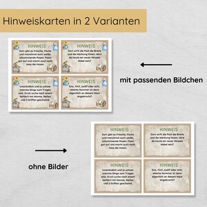 May include: A set of German language hint cards in two variations, one with illustrations and one without. Each card features text in a serif font on a textured background. The cards have a rustic, vintage aesthetic.