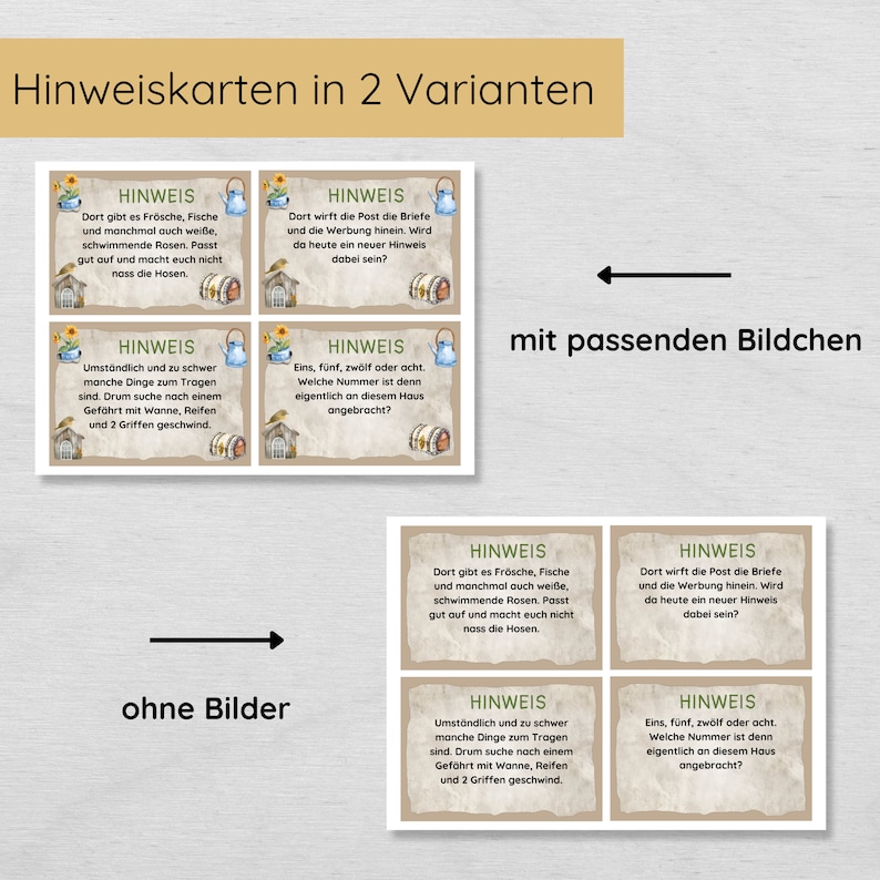 May include: A set of German language hint cards in two variations, one with illustrations and one without. Each card features text in a serif font on a textured background. The cards have a rustic, vintage aesthetic.