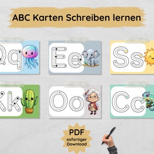 ABC Übungskarten zum Schreiben lernen, Alphabet Karten für Grundschüler, Buchstaben nachspuren