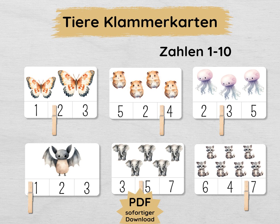 Animals Clip Cards for Children to Learn Numbers From 1 to 10, PDF to ...