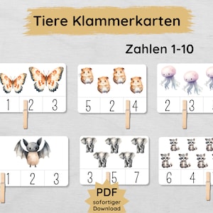 Tiere Klammerkarten für Kinder zum Zahlen lernen von 1 bis 10, PDF zum Ausdrucken