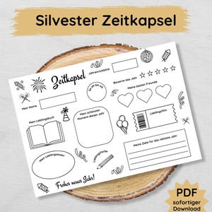 Può includere: Un foglio di lavoro di capsula del tempo di Capodanno stampabile in bianco e nero con sezioni per scrivere su libri, film e obiettivi preferiti per il nuovo anno. Il foglio di lavoro include il testo "Silvester Zeitkapsel" e "Frohes neues Jahr!"