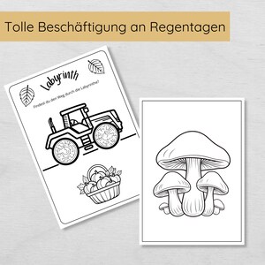 May include: Two black and white coloring pages. The first page features a tractor with a maze in the tire. The second page features three mushrooms.