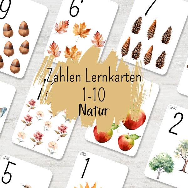 Natur Zahlenkarten 1-10 für Kinder zum Ausdrucken, Zahlen Lernkarten zum Zählen üben bis 10