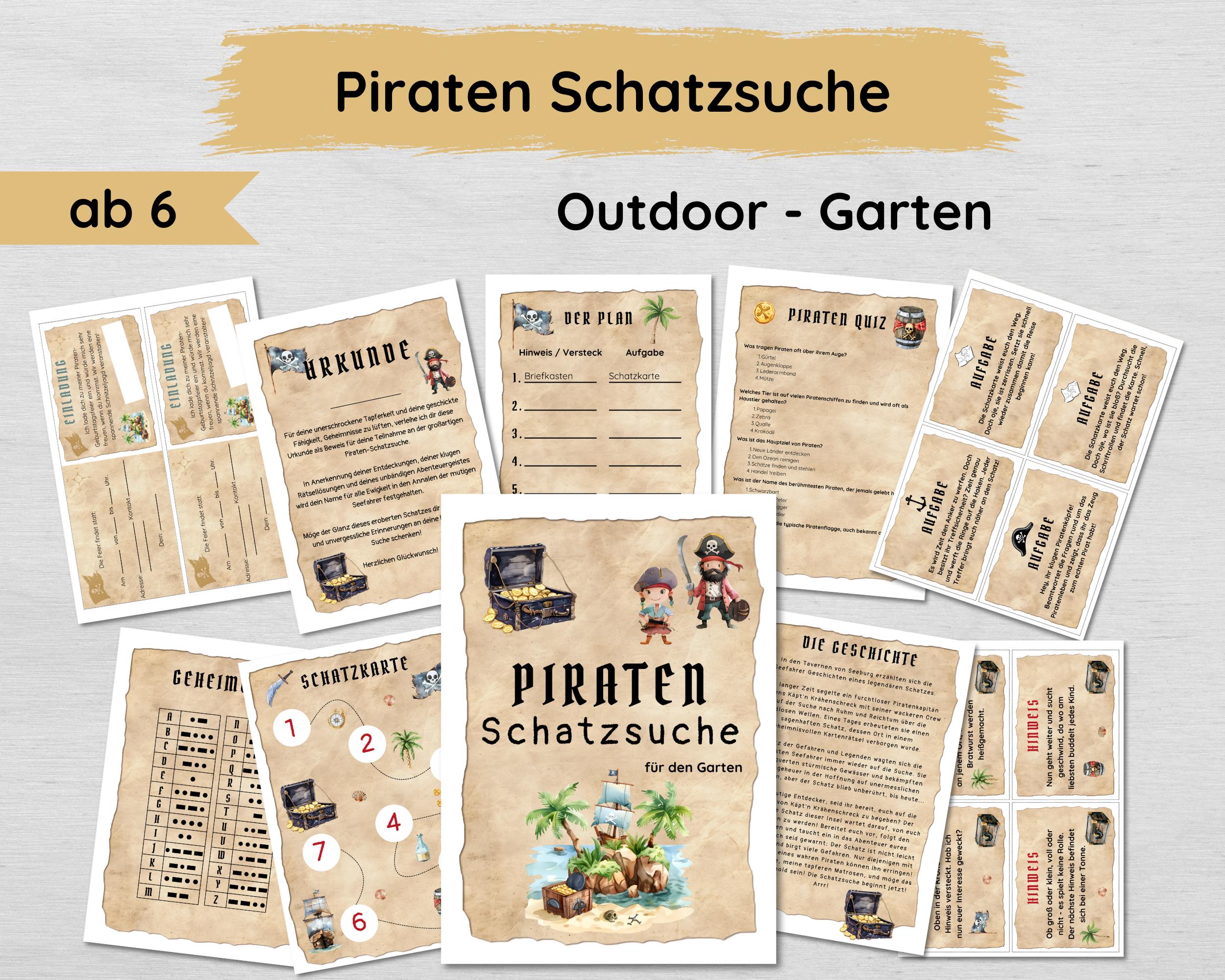 Pirate outdoor treasure hunt for children from 6, garden scavenger hunt ideal for children's birthdays, complete set including hints & tasks