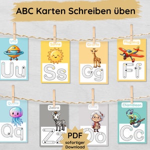Aprender a escribir tarjetas de letras ABC para niños, ejercicio de balanceo del abecedario Plantilla PDF escuela primaria