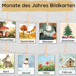 Monatskarten Set für Kinder zum Ausdrucken, Bildkarten Monate des Jahres und Jahreszeiten lernen