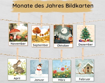 Monatskarten Set für Kinder zum Ausdrucken, Bildkarten Monate des Jahres und Jahreszeiten lernen