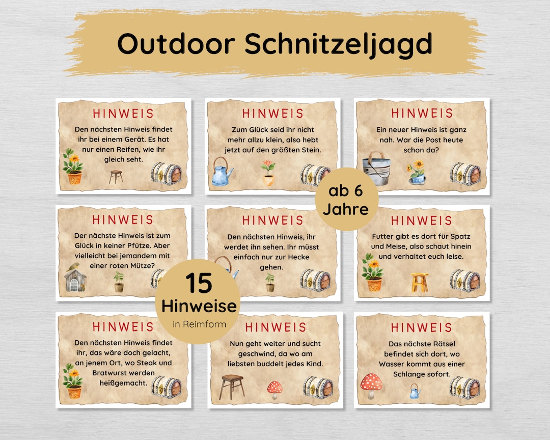 Outdoor Schnitzeljagd für Kinder ab 6 Jahren, Garten Schatzsuche mit 15
