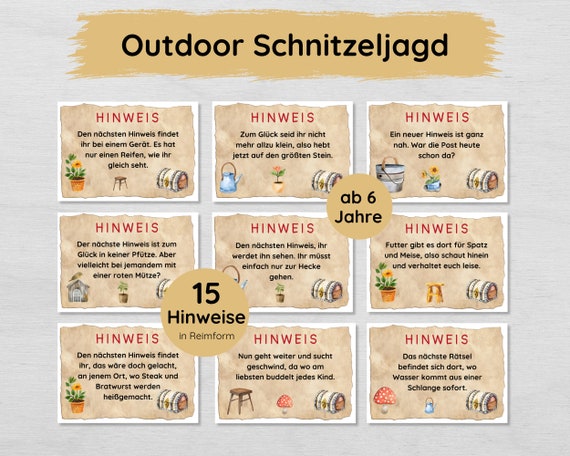 Outdoor Schnitzeljagd für Kinder ab 6 Jahren, Garten Schatzsuche mit 15 Hinweisen in Reimform zum Ausdrucken