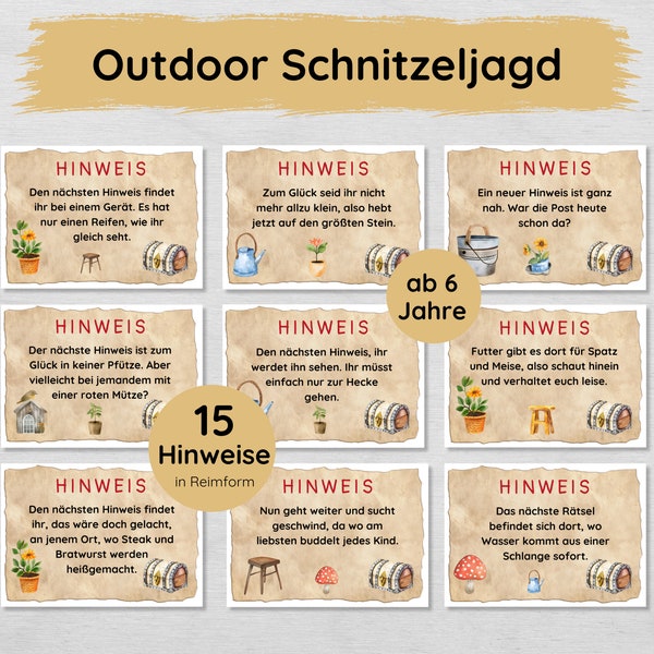 Outdoor Schnitzeljagd für Kinder ab 6 Jahren, Garten Schatzsuche mit 15 Hinweisen in Reimform zum Ausdrucken