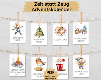 Time instead of stuff Advent calendar for children to print out with 31 varied Advent cards, DIY Advent calendar PDF