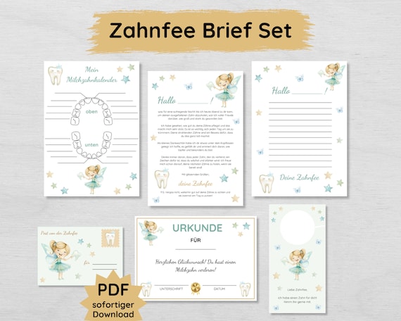 Brief von der Zahnfee Set für Kinder zum Ausdrucken, Wackelzahn Post, Zahnfee Brief inkl. Urkunde und Milchzahnkalender