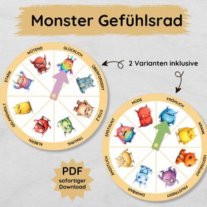 Monster Gefühlsrad für Kinder in 2 Varianten zum Ausdrucken, Gefühlsuhr Gefühle lernen und Emotionen verstehen, PDF Emotionsrad
