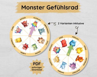 Monster Emotion Wheel for Children in 2 Versions to Print, Emotion Clock Learn Feelings and Understand Emotions, PDF Emotion Wheel