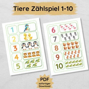 Zählübung für Kinder mit niedlichen Tieren, spielerisch Zahlen lernen von 1 bis 10, Lernspiel zum Ausdrucken