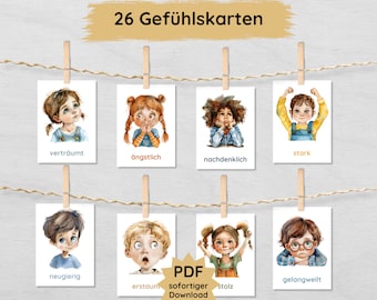 May include: Set of 26 illustrated cards featuring children expressing different emotions. Each card has a watercolor illustration of a child with a different facial expression and the corresponding German word for the emotion written below. The emotions include:  verträumt, ängstlich, nachdenklich, stark, neugierig, erstaunt, stolz, gelangweilt.