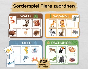 Sorting game for children to print out, educational game for kindergarten and preschool, picture cards animal habitats game