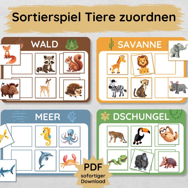 Tiere zuordnen Sortierspiel für Kinder zum Ausdrucken, Lernspiel Kita & Vorschule, Bildkarten Tier Lebensräume Legespiel