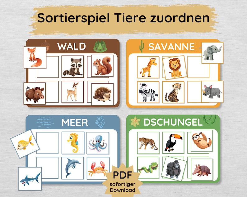 Legespiel Tiere zuordnen im Wald, der Savanne, im Meer und im Dschungel