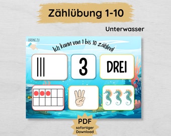 Underwater counting exercise for children learning numbers from 1 to 10, number sorting game to print for daycare & preschool