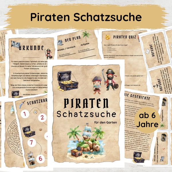 Pirate treasure hunt for children aged 6 and over, garden scavenger hunt ideal for children's birthday parties, complete set including clues and tasks