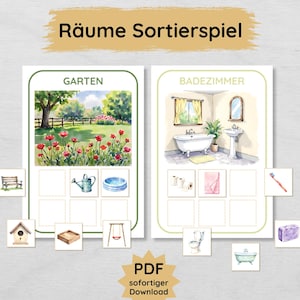 Könnte beinhalten: Ein Lernspiel für Kinder mit Aquarellillustrationen. Das Spiel enthält zwei Karten mit der Aufschrift "Garten" und "Badezimmer" mit entsprechenden Bildern eines Gartens und eines Badezimmers. Zusätzliche Karten mit Objekten sind enthalten.