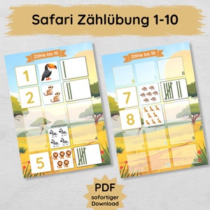 Safari Zählspiel für Kinder zum Ausdrucken, Zählübung Zahlen lernen und Zählen üben von 1 bis 10, Legespiel Mengen zuordnen