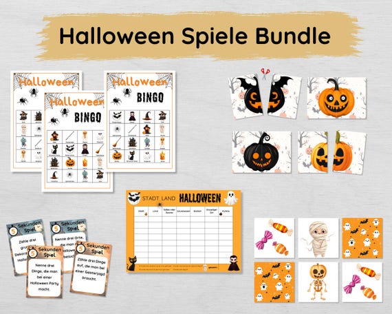 Halloween Spiele Bundle für Kinder mit Halloween Bingo, Memory, Puzzle, Stadt Land Halloween & 5 Sekunden Halloween zum Ausdrucken
