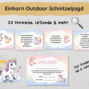 Eenhoorn-speurtocht buitenshuis met 20 aanwijzingen, certificaat, verhaal en meer, speurtochtset voor kinderen vanaf 6 jaar