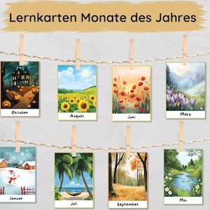 Monate des Jahres Lernkarten für Kinder zum Ausdrucken, Monatskarten Set, Bildkarten Jahreszeiten lernen