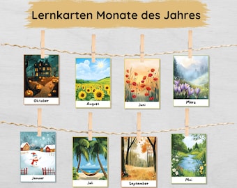 Months of the year learning cards for children to print out, monthly cards set, picture cards to learn seasons