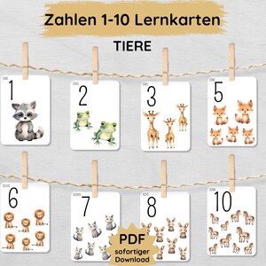 Flashcards números de 1 a 10 com animais para as crianças imprimirem, flashcards para aprender a contar